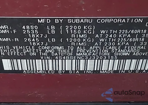 2018 Subaru Outback 3.6R Limited z USA, uszkodzony, nr VIN 4S4BSENC3J3203155